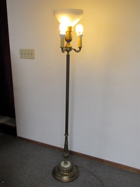 ANTIQUE TORCHIERE STYLE FLOOR LAMP BRASS WITH ONYX DETAILS & MILK GLASS SHADE