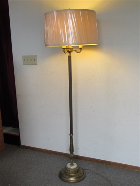 ANTIQUE TORCHIERE STYLE FLOOR LAMP BRASS WITH ONYX DETAILS & MILK GLASS SHADE
