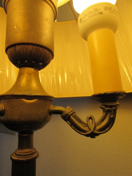 ANTIQUE TORCHIERE STYLE FLOOR LAMP BRASS WITH ONYX DETAILS & MILK GLASS SHADE