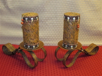 FABULOUS WESTERN  CANDLESTICKS WITH TOOLED LEATHER STYLE CANDLES!