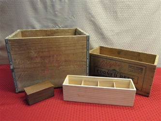 WOODEN CRATE & BOXES -RARE VINTAGE 7 UP CRATE, LIBBYS CORNED BEEF CRATE & MORE