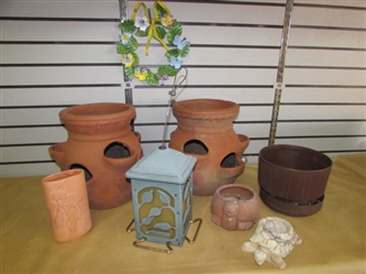 TWO TERRACOTTA STRAWBERRY POTS, A COUPLE CUTE TURTLE PLANTERS, BIRD FEEDER & MORE