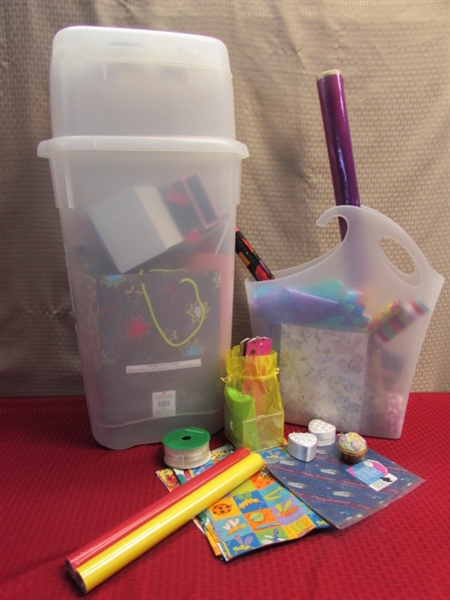 RUBBERMAID WRAP 'N CRAFT STORAGE BOX & HANGING STORAGE TOTE FULL OF WRAPPING SUPPLIES