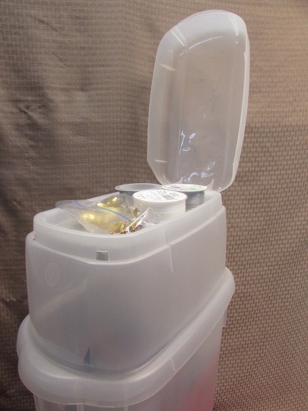 RUBBERMAID WRAP 'N CRAFT STORAGE BOX & HANGING STORAGE TOTE FULL OF WRAPPING SUPPLIES