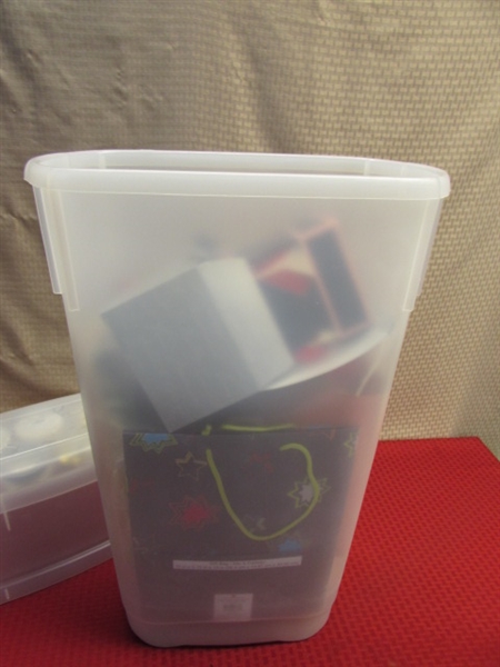 RUBBERMAID WRAP 'N CRAFT STORAGE BOX & HANGING STORAGE TOTE FULL OF WRAPPING SUPPLIES