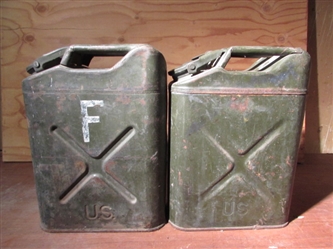2 METAL 5 GALLON JERRY CANS FROM THE 1950S