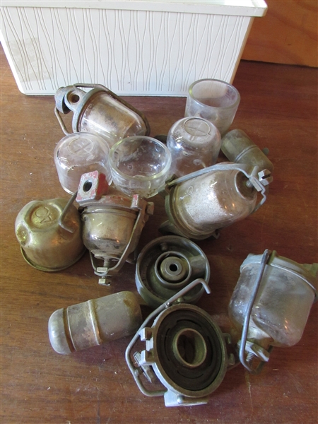 SEVERAL GLASS FUEL BOWLS AND PARTS