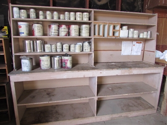 GET ORGANIZED IN THE SHOP WITH THIS GREAT SHELVING UNIT w/CANS OF MISC. HARDWARE