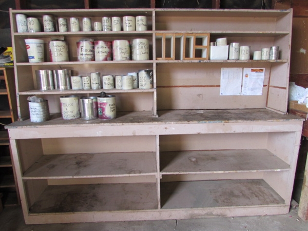 GET ORGANIZED IN THE SHOP WITH THIS GREAT SHELVING UNIT w/CANS OF MISC. HARDWARE