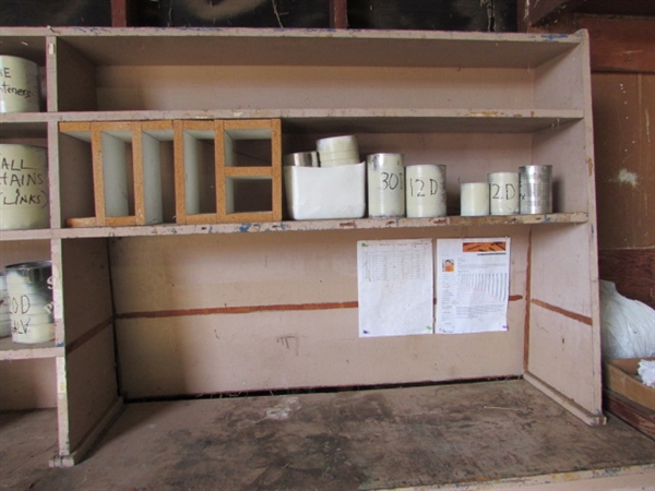 GET ORGANIZED IN THE SHOP WITH THIS GREAT SHELVING UNIT w/CANS OF MISC. HARDWARE