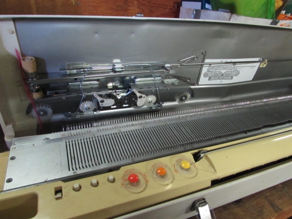 STUDIO KNITTING MACHINE WITH TABLE, RIBBER, ATTACHMENTS, AND ACCESSORIES