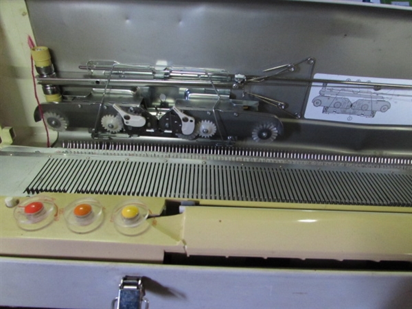 STUDIO KNITTING MACHINE WITH TABLE, RIBBER, ATTACHMENTS, AND ACCESSORIES