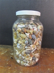 GALLON GLASS JAR FULL OF AGATES & OTHER STONES