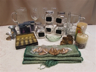 LARGE LOT OF GLASSWARE/COASTERS/CANDLES & MORE