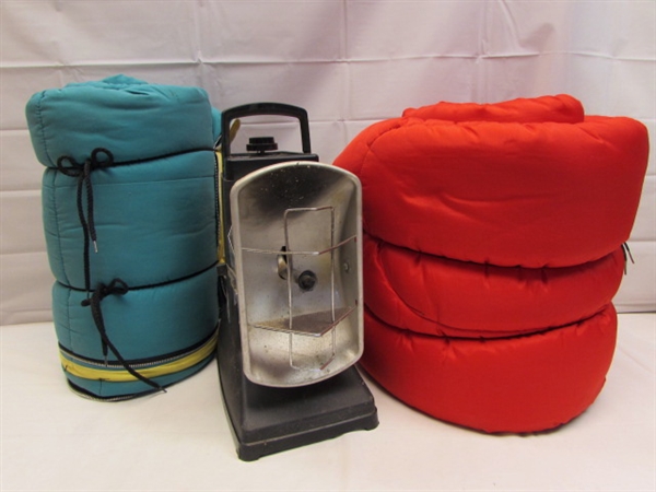 COLEMAN PROPANE RADIANT HEATER AND SLEEPING BAGS