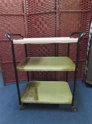 VINTAGE 3 TIER METAL ROLLING CART W REMOVABLE TOP