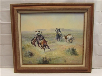 WORKING COWBOYS - OIL ON CANVAS FRAMED PICTURE