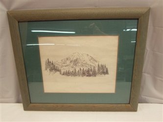 FRAMED & MATTED DRAWING OF MOUNT SHASTA