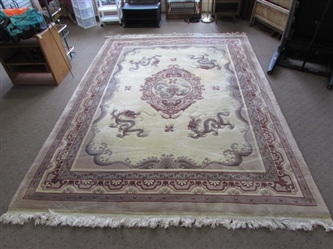 VINTAGE CHINESE WOOL AREA RUG WITH DRAGON DESIGN