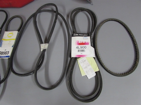 ASSORTMENT OF 7 V-BELTS AND A 2 GALLON GAS CAN