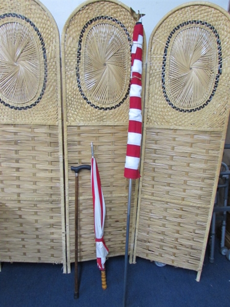 LARGE AMERICAN FLAG, CANE, UMBRELLA