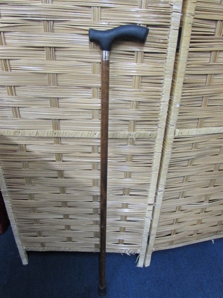 LARGE AMERICAN FLAG, CANE, UMBRELLA