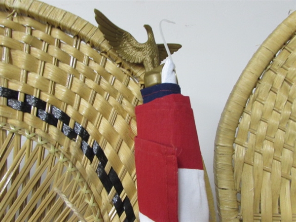 LARGE AMERICAN FLAG, CANE, UMBRELLA