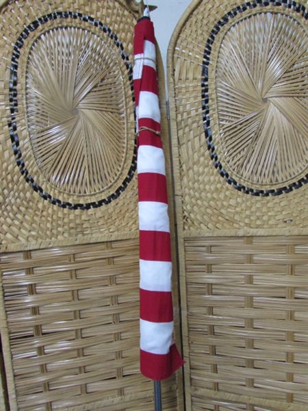 LARGE AMERICAN FLAG, CANE, UMBRELLA