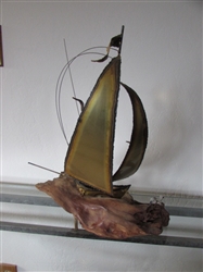 BRASS SAILBOAT SCULPTURE ON WOOD BASE WITH SEA GULLS