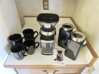 CUISINART COFFEE GRINDER, 2 STONEWARE CANISTERS & COFFEE MUGS