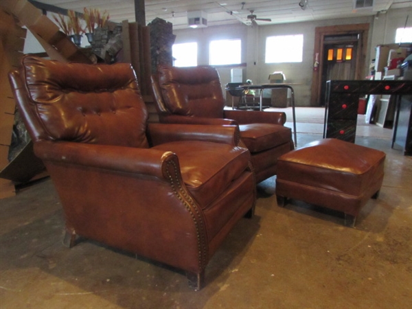 TWO VINTAGE ARMCHAIRS & AN OTTOMAN