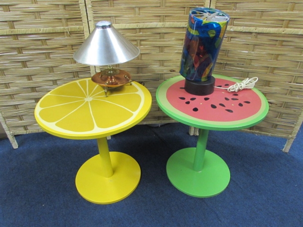 TWO FRUITY TABLES & SOME FAR OUT LAMPS