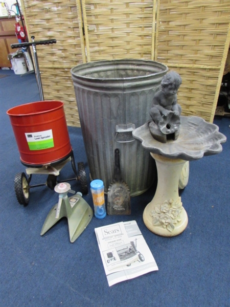 SMALL BIRD BATH/METAL TRASH CAN & BROADCAST SPREADER