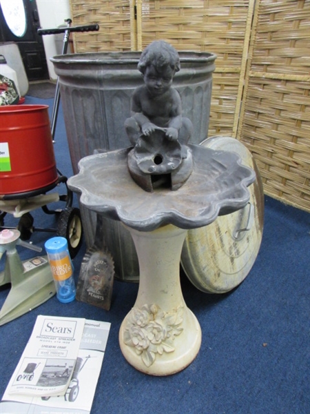 SMALL BIRD BATH/METAL TRASH CAN & BROADCAST SPREADER