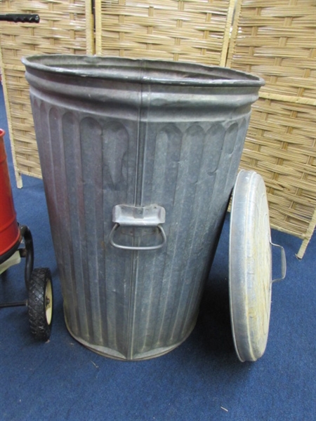 SMALL BIRD BATH/METAL TRASH CAN & BROADCAST SPREADER