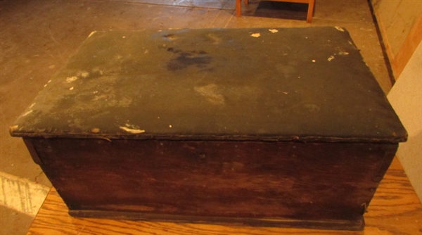 VERY OLD TRUNK WITH FAUX LEATHER HINGED LID