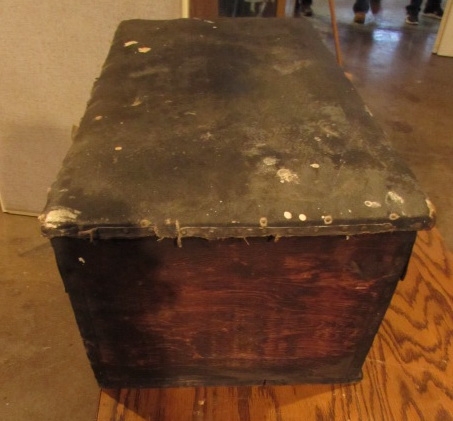 VERY OLD TRUNK WITH FAUX LEATHER HINGED LID