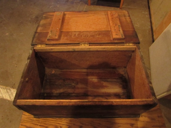 VERY OLD TRUNK WITH FAUX LEATHER HINGED LID