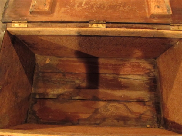 VERY OLD TRUNK WITH FAUX LEATHER HINGED LID