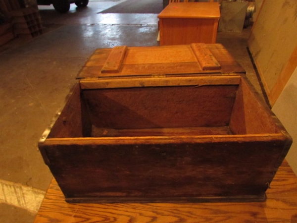 VERY OLD TRUNK WITH FAUX LEATHER HINGED LID