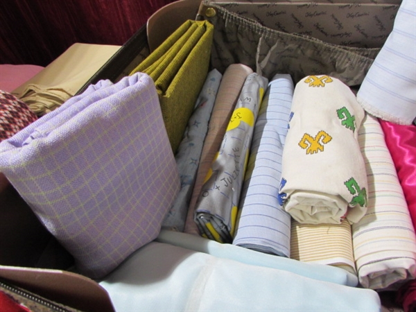 VINTAGE FABRIC SUITCASE OVERFLOWING WITH GREAT FABRIC!