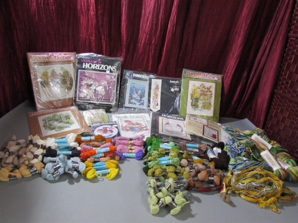 LARGE COLLECTION OF COUNTED X-STITCH & NEEDLEPOINT KITS + WOOL TAPESTRY YARN