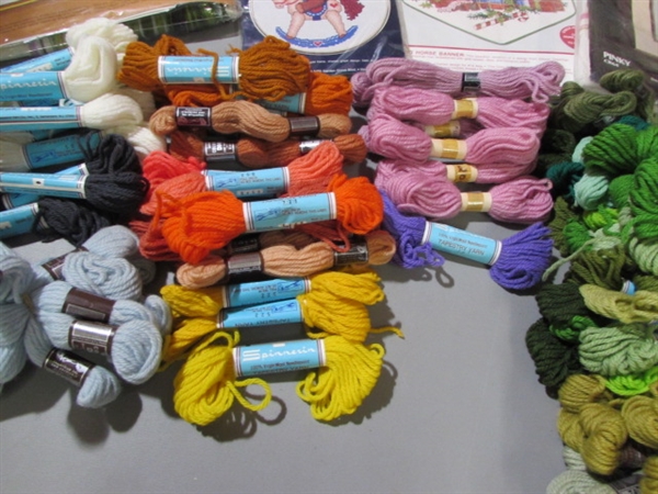 LARGE COLLECTION OF COUNTED X-STITCH & NEEDLEPOINT KITS + WOOL TAPESTRY YARN