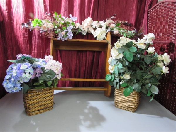 WOOD WALL SHELF & SILK FLORAL ARRANGEMENTS