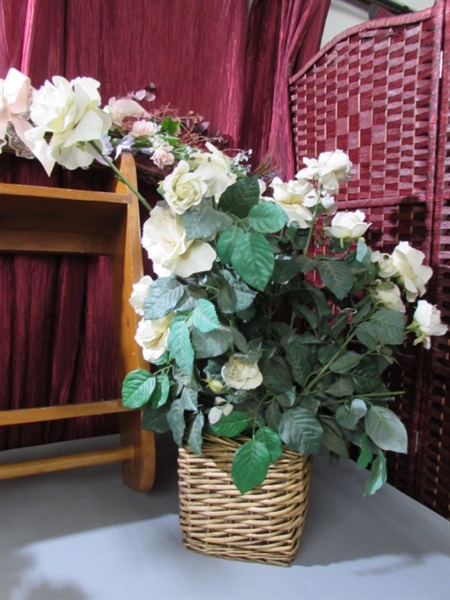 WOOD WALL SHELF & SILK FLORAL ARRANGEMENTS