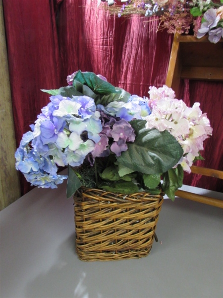 WOOD WALL SHELF & SILK FLORAL ARRANGEMENTS