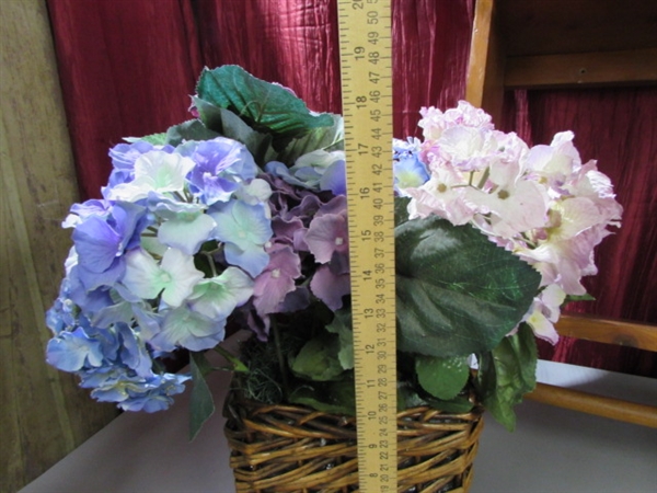 WOOD WALL SHELF & SILK FLORAL ARRANGEMENTS