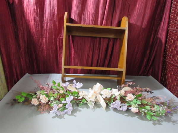 WOOD WALL SHELF & SILK FLORAL ARRANGEMENTS