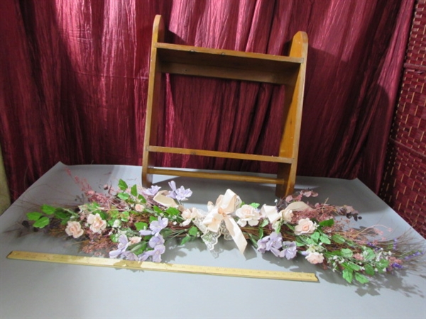 WOOD WALL SHELF & SILK FLORAL ARRANGEMENTS