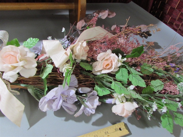 WOOD WALL SHELF & SILK FLORAL ARRANGEMENTS